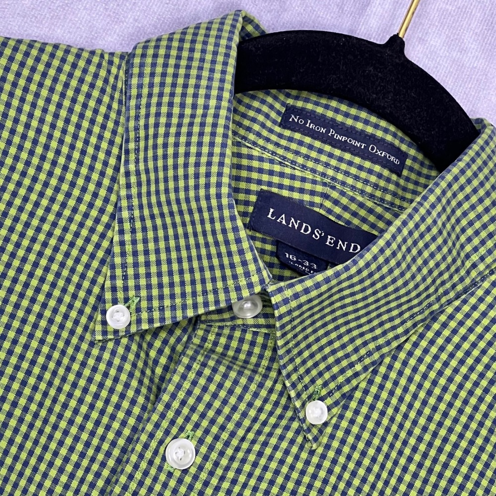 Lands' End Button Down Mens 16-33 Green Gingham No‎ Iron Pinpoint Oxford
